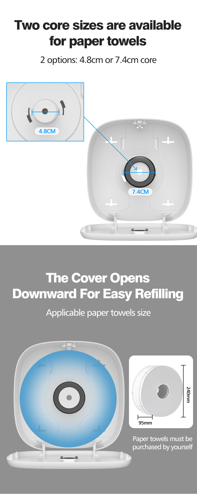 Modern ABS Plastic Jumbo Roll Paper Towel Dispenser No Drilling Required User Friendly