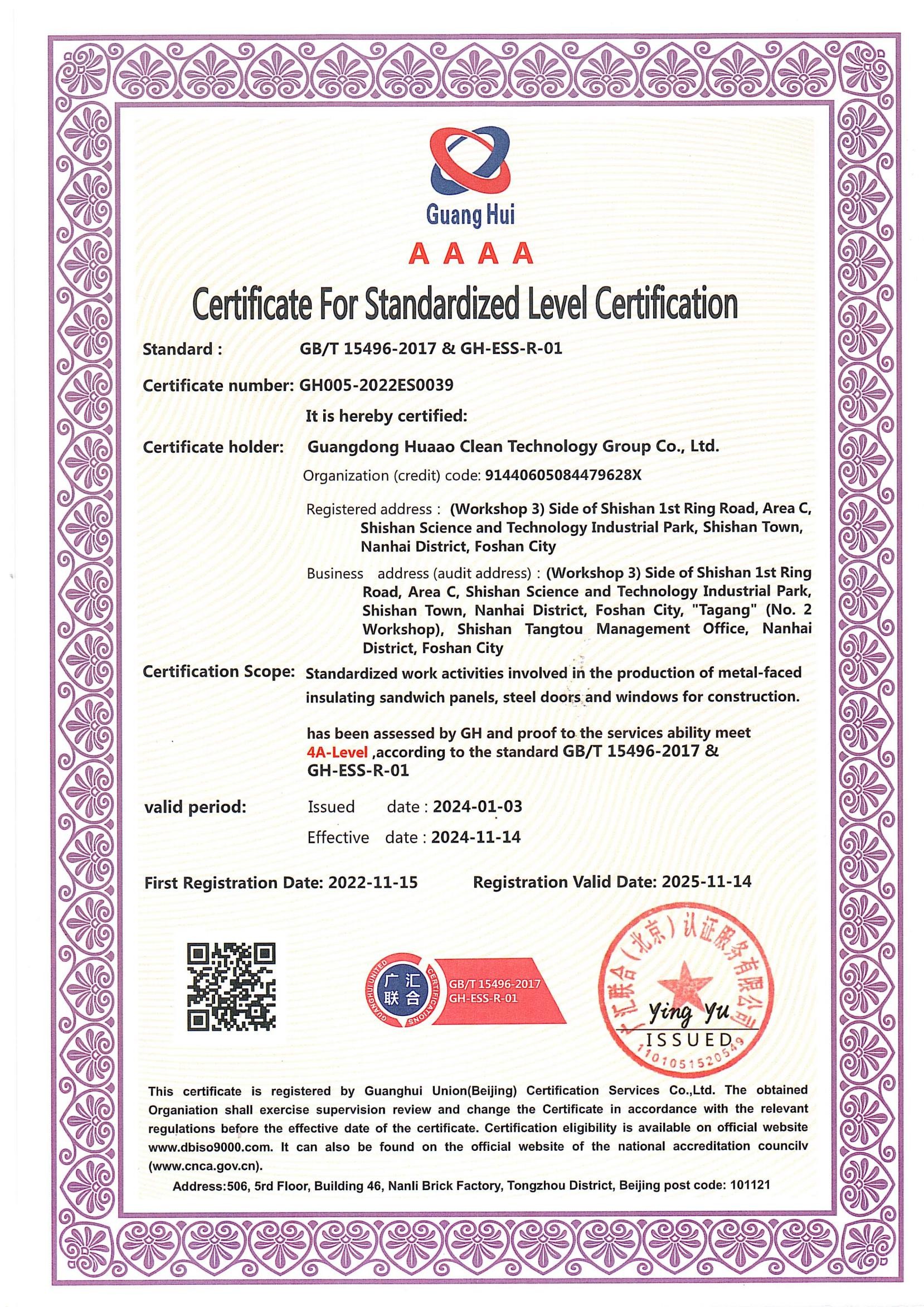 GUANGDONG HUAAO CLEAN TECHNOLOGY GROUP CO.,LTD Сертификации