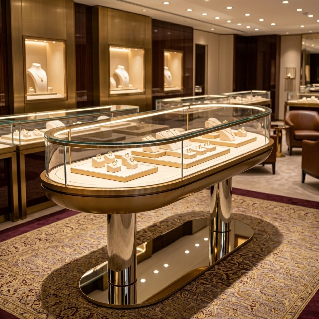 Curved Glass Jewelry Display Case with LED Lighting and Customizable Design for High-End Luxury Jewelry