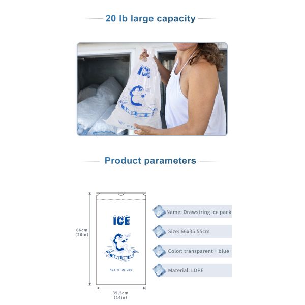 20lb LDPE Durable Plastic Ice Bags Heat seal With Drawstring Closure