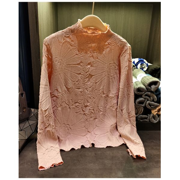 Japanese Pleated Stand Collar Long Sleeve T-shirt Top Printed Pleated Embodying Pleated Process Makes Flower Fashionable
