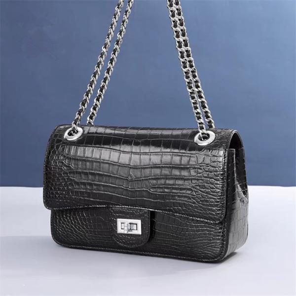 Authentic Crocodile Belly Skin Women Purse Genuine Alligator Leather Lady Flap Bag Silver Chain  Female Shoulder Bag