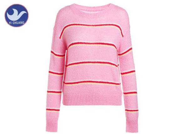 Drop Shoulder Chunky Pink Pullover Sweater , Striped Sweater Womens Woll Mohair Jumper