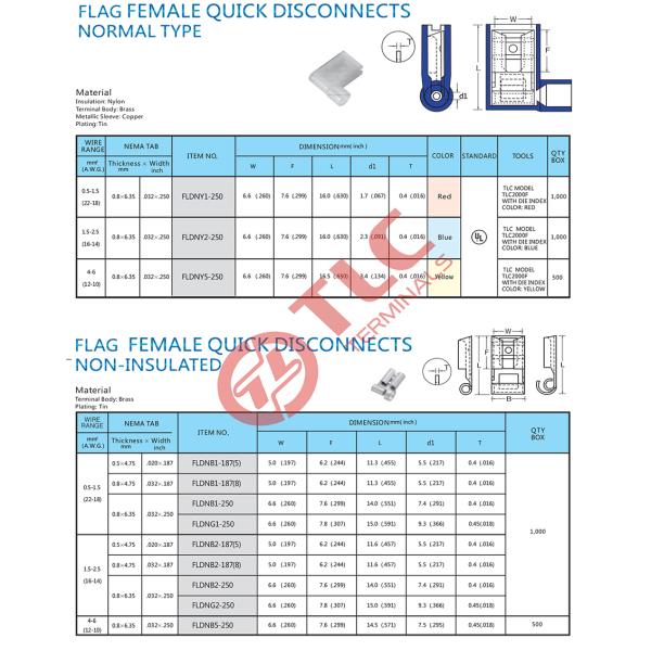 Flag Female Quick Disconnects Cable Lug For Industrial Connection Insulated And Non Insulated