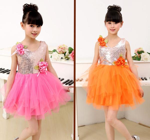Dancing clothes girls flowers veil host sequined dress costumes children modern dance