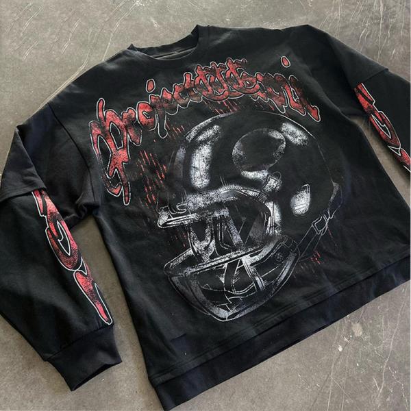 camiseta de manga longa lavada preta camiseta de peso pesado masculino camiseta de lavagem com ácido estilo Hip Hop