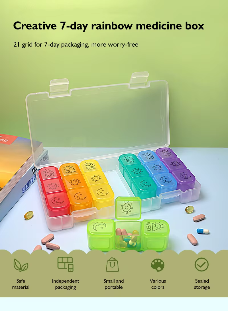 Pill Container Organizer 3 Times Day 7 Days Plastic Portable 21 Compartments Weekly Travel Vitamin Medication Case
