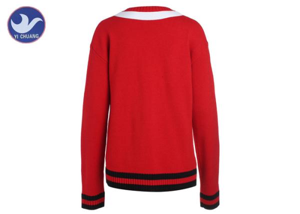 Stripes V Neck Womens Knit Pullover Sweater Preppy Style Cat Patch Shool Uniform Young Girl