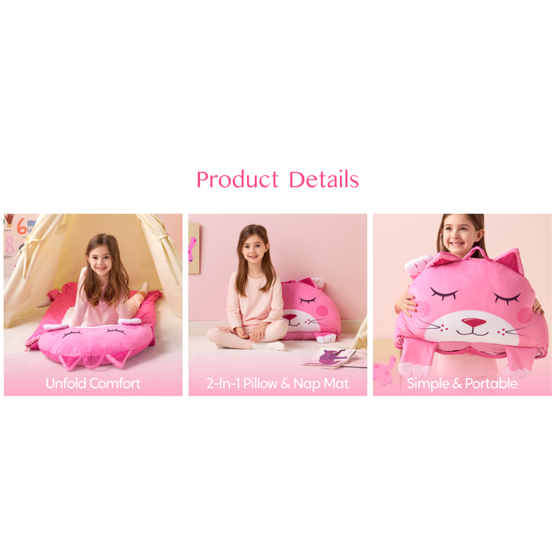 Pink Cat Toddler Nap Mat with Pillow & Blanket 60