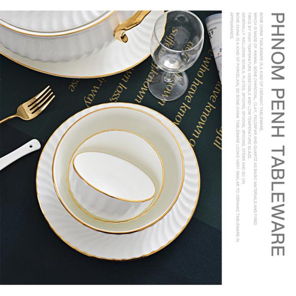 Gold line White Bone china embossed tableware Wedding Ceramic charger plate Dinner plate dish bowl mug coffee cup freely