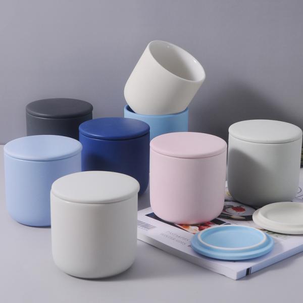 Cylinder Luxury Candle Jars Matte Empty Geometric Ceramic Candle Jars With Lids
