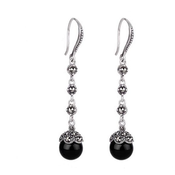Antique Thai Silver Jewelry Sterling Silver Black Onyx Marcasite Drop Dangle Earring (E12031BLACK)