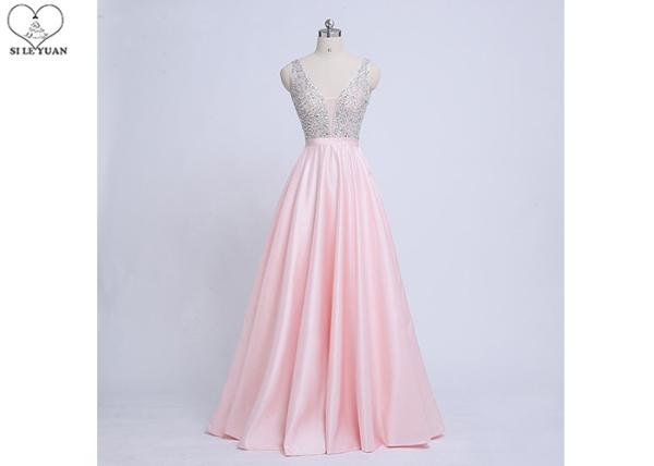 Gray Pink A Line Ball Gown No Arm Backless Design Diamond Beading Satin Fabric