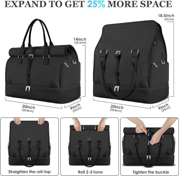 Black Canvas Carry on Expandable Weekender Airplanes Toiletry Travel Bag with Shoe Compartment and USB Charging Port