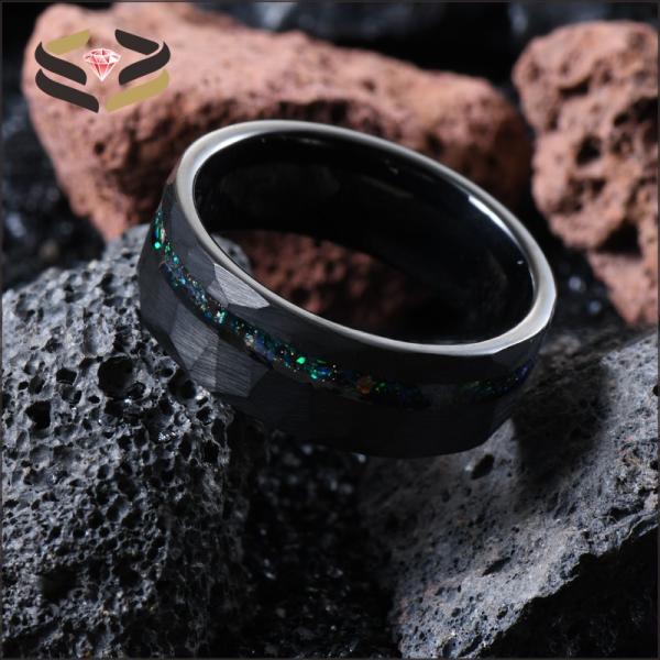 Anneaux de mariage en tungstène noir facetté pour hommes 8 mm avec incrustation de type perle et incrustation d'opale Galaxy