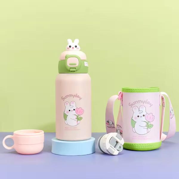 Portable Strap Water Bottle WITH LID Modern Design Cartoon Water Cup Stainless Steel