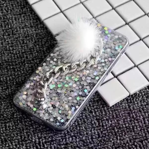 Soft TPU Flashing Sequins Metal Chain Bracelet Small Hairball Cell Phone Case Back Cover For iPhone 7 6s Plus