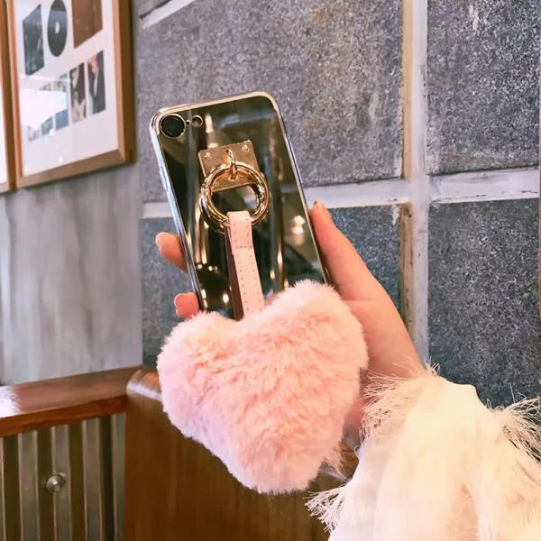 Hard Mirror PC Korean Style Cortex Sling Love Heart Shape Hiare Ball Pendant Cell Phone Case Cover For iPhone 7 6s Plus