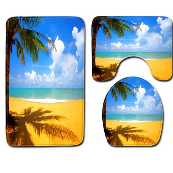Washable 3 Piece Toilet Mat Set Sea And Sand Beach Scene Bath Mat
