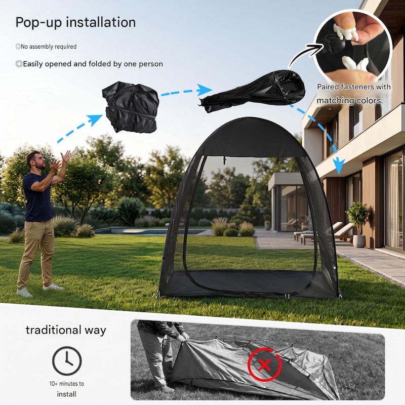 200*120*195CM Lightweight Portable Outdoor Black Pop Up Sports Tent Fit For 2 Person