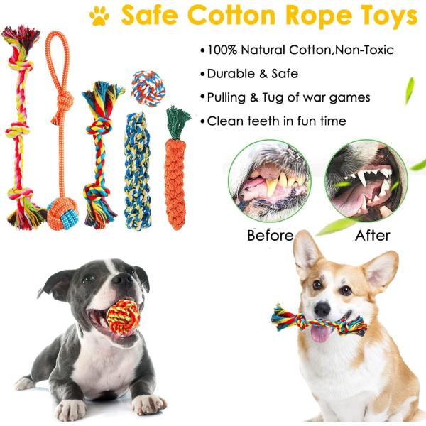 Dog Puppy Toys Pack, Puppy Chew Toys for Fun Teeth Cleaning, Dog Squeak Toys,Treat Dispenser Ball, Tug of War Toy