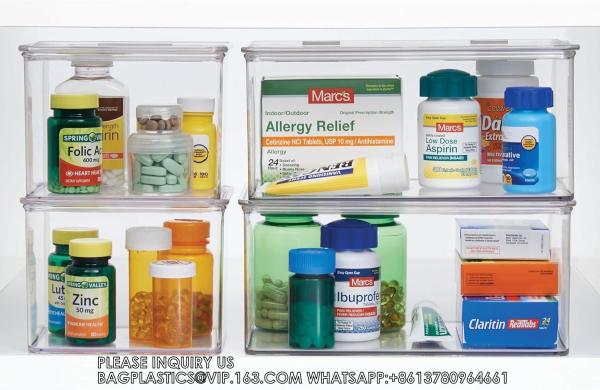 Plastic Bathroom Vanity Organizer Bin With Lid For Medication, Accessories, Cosmetics And More, 7.25 X 10.75 X 5