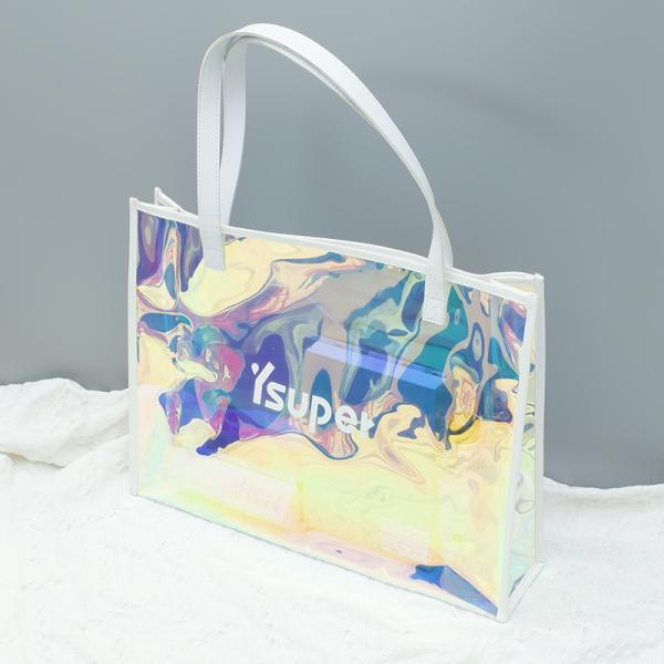 Wholesale Custom Rainbow Color Laser Shopping Bag Holographic Iridescent Jelly Clear PVC Tote Bag Popular Fashion Beach Accept Shiny Reusable Hologram Clear Laser Transparent Pvc Tote Bag