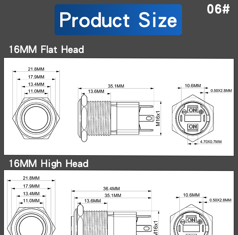10A 16MM Stainless Steel Push Button Switch with LED Power Indicator Latching Momentary 1NO 4pin Flat/High Head IP65 for 220V