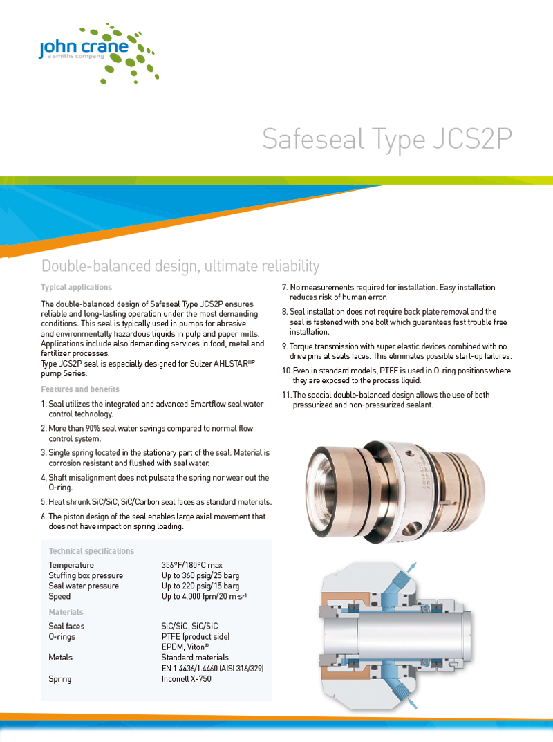 John Crane Safematic Type JCS2 Double Cartridge Mechanical Seal for Sulzer Pumps