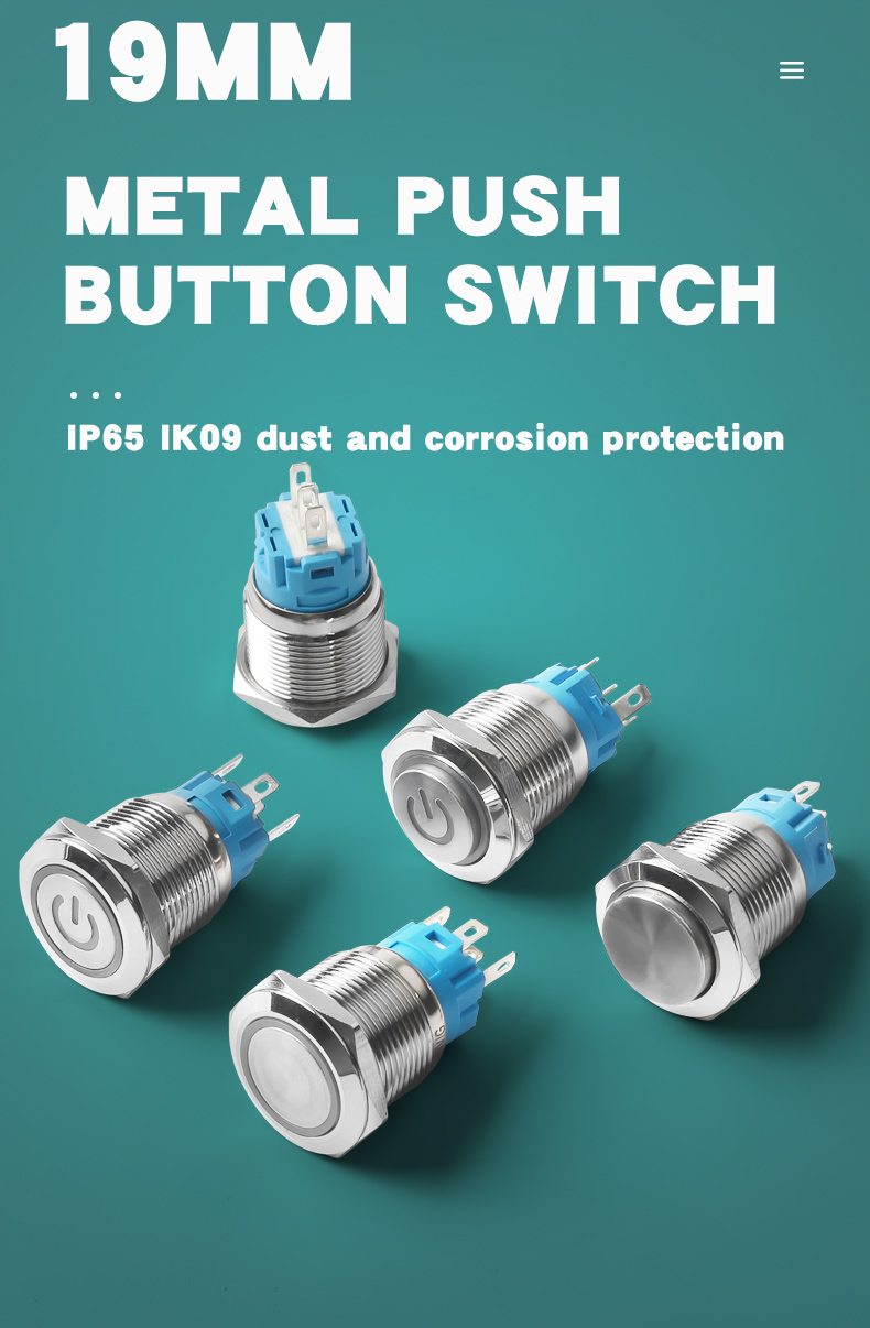 19mm Waterproof Metal Push Button Switch 1NO1NC Flat Head Ring-LED Momentary Switch IP65 Level 220v Max. Voltage