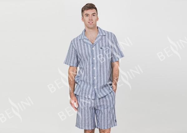 Anti Pilling Mens Luxury Sleepwear Woven Cotton Linen Yarn Dyed Pajamas Shorts