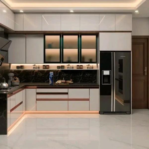 Armários de cozinha de estilo moderno em forma de L Armários de cozinha personalizados de melamina de aço inoxidável Armários de madeira Cozinha com lavatório