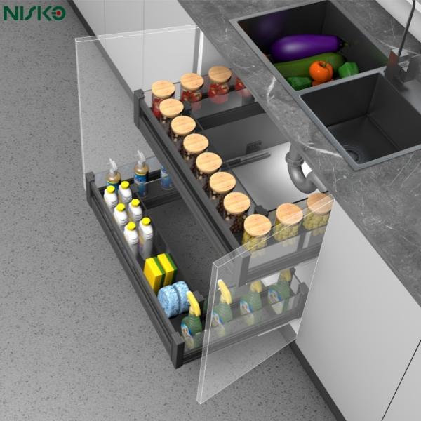 Organizador extraíble de 2 niveles debajo del fregadero, cesta multiusos para armario de cocina