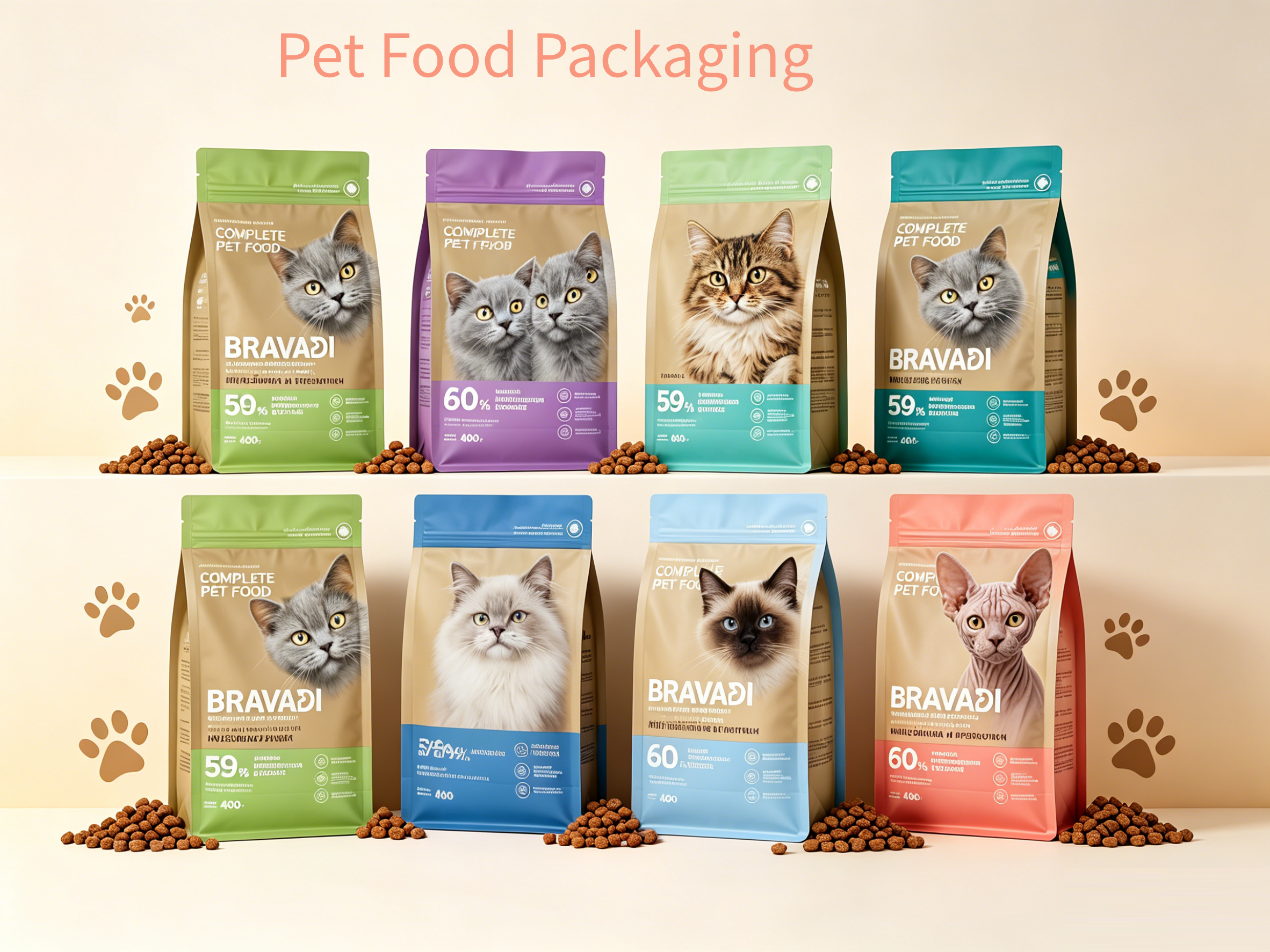 Custom Two-Tone Color Eight Side Seal Cat Food Bag | Resealable Zipper Flat Bottom Pouch With Pet Photo Print For 400g Dry Kibble Packaging