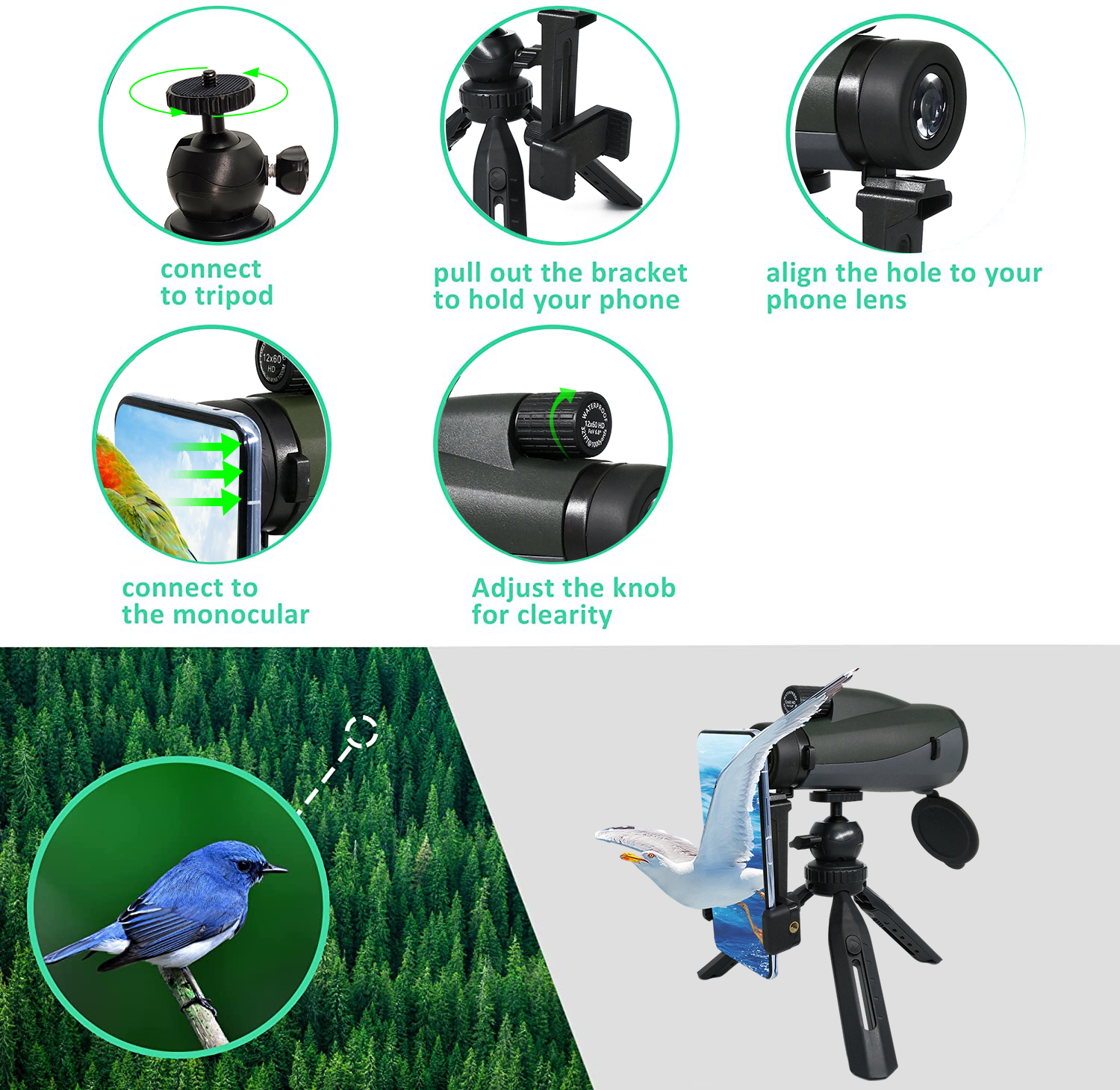 Телескоп взрослых 12×60HD Monocular для телефона водоустойчивого высокого Powerd
