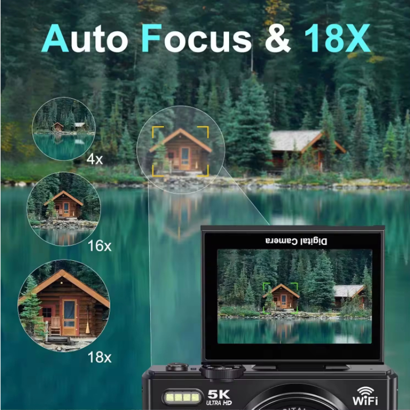 Compact Vlogging Camera 75MP 5K Digital Camera with AI Smart Face Tracking 180° Flip Screen 18X Zoom WiFi Auto Focus Vlogging