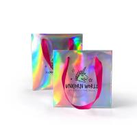 Logo personnalisé Griffe de ruban rose brillant de luxe Sac en papier cadeau artisanat bijoux emballage cosmétique papier holographique achats
