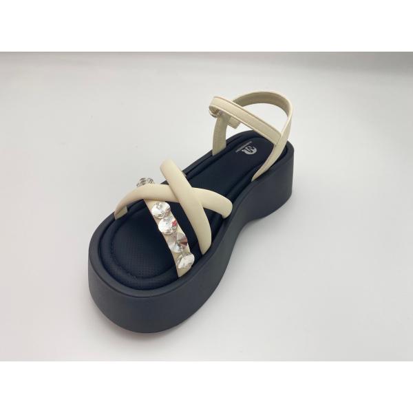 Women white bottomed sandals with rhinestone with pure color and genuine leather