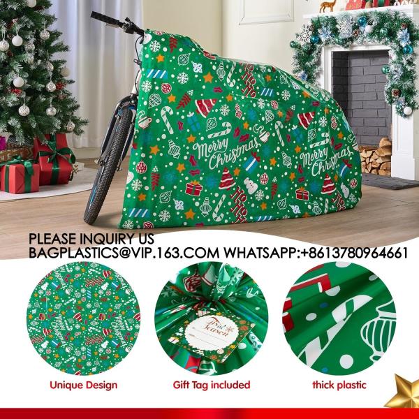 Christmas Bicycle Bag 60” X 72, Jumbo Gift Bag For Xmas Season, Large Bike Present Bag Gift Tags For Holiday Gift
