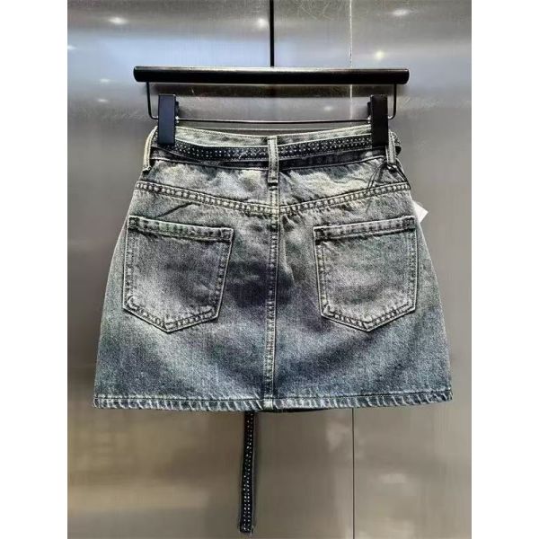 Rhinestone Studded Denim Skirt – High-Waist Mini Skirt with Adjustable Belt for Women