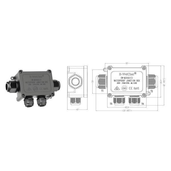 Waterproof Cable Junction Box, 1 Port Input to 4 Outputs, IP68 Rated
