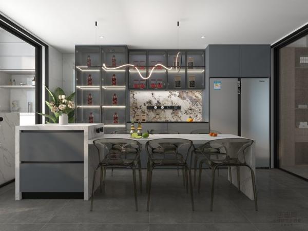Armoires de cuisine linéaires doubles en acier inoxydable gris-bleu avec stockage de vin et île multifonctionnelle