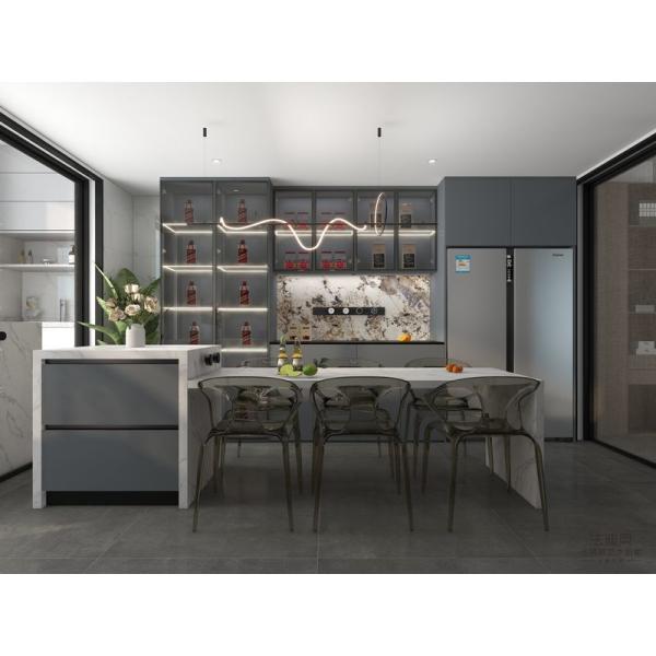 Fadior Gray-Blue Stainless Steel Double Linear Kitchen Cabinets With Wine Storage And Multifunctional Island