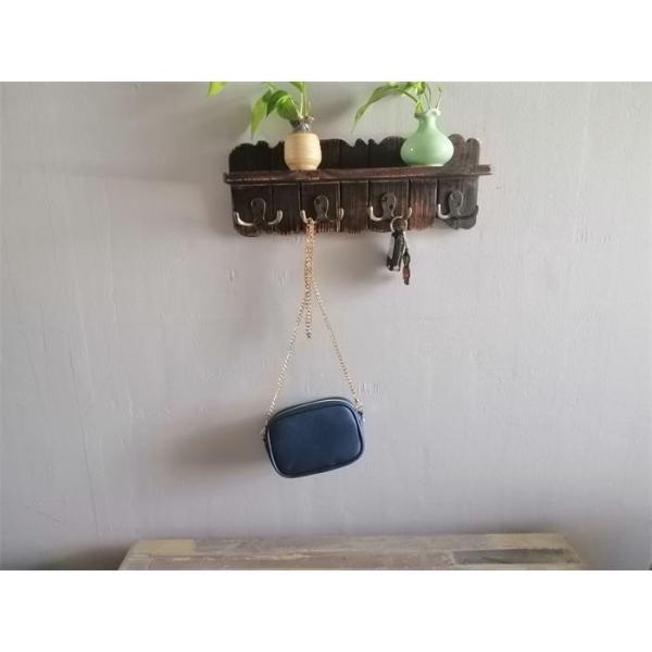 15.75 Inch, 4 Pieces Double Metal Hooks, Wood Wall-Mounted Coat Rack