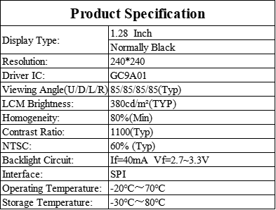 1.28 Inch Circular LCD Screen 240×240 Resolution 380cd/M2 Luminance IPS TFT Display