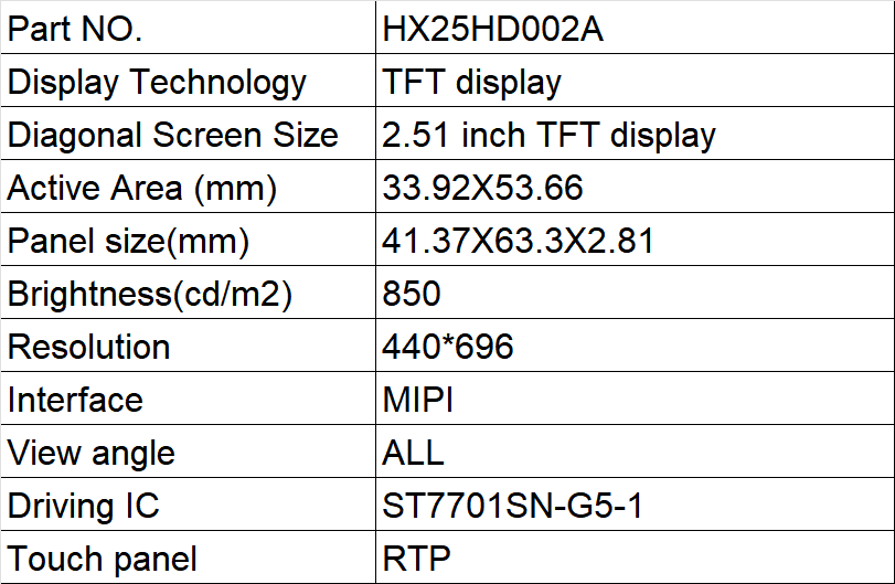 2.51 inch TFT Color Display with RTP  440*696  Resolution and MIPI Interface  850 c/d brightness
