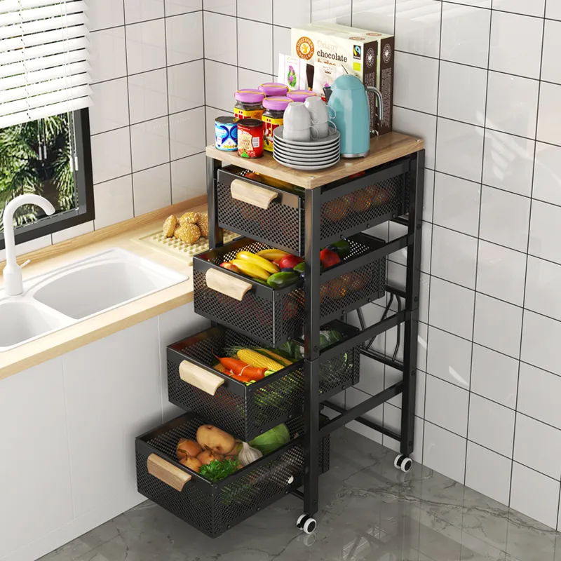 6 Tier Kitchen Metal Rolling Basket Utility Cart Storage Stand Fruit Vegetable Snack Organizer Shelf for Home