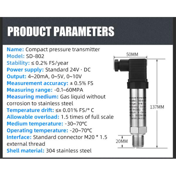 Stable Performance M20*1.5 Gas Pressure Transmitter 0.5% 0.25% Full 304ss Air Sensor