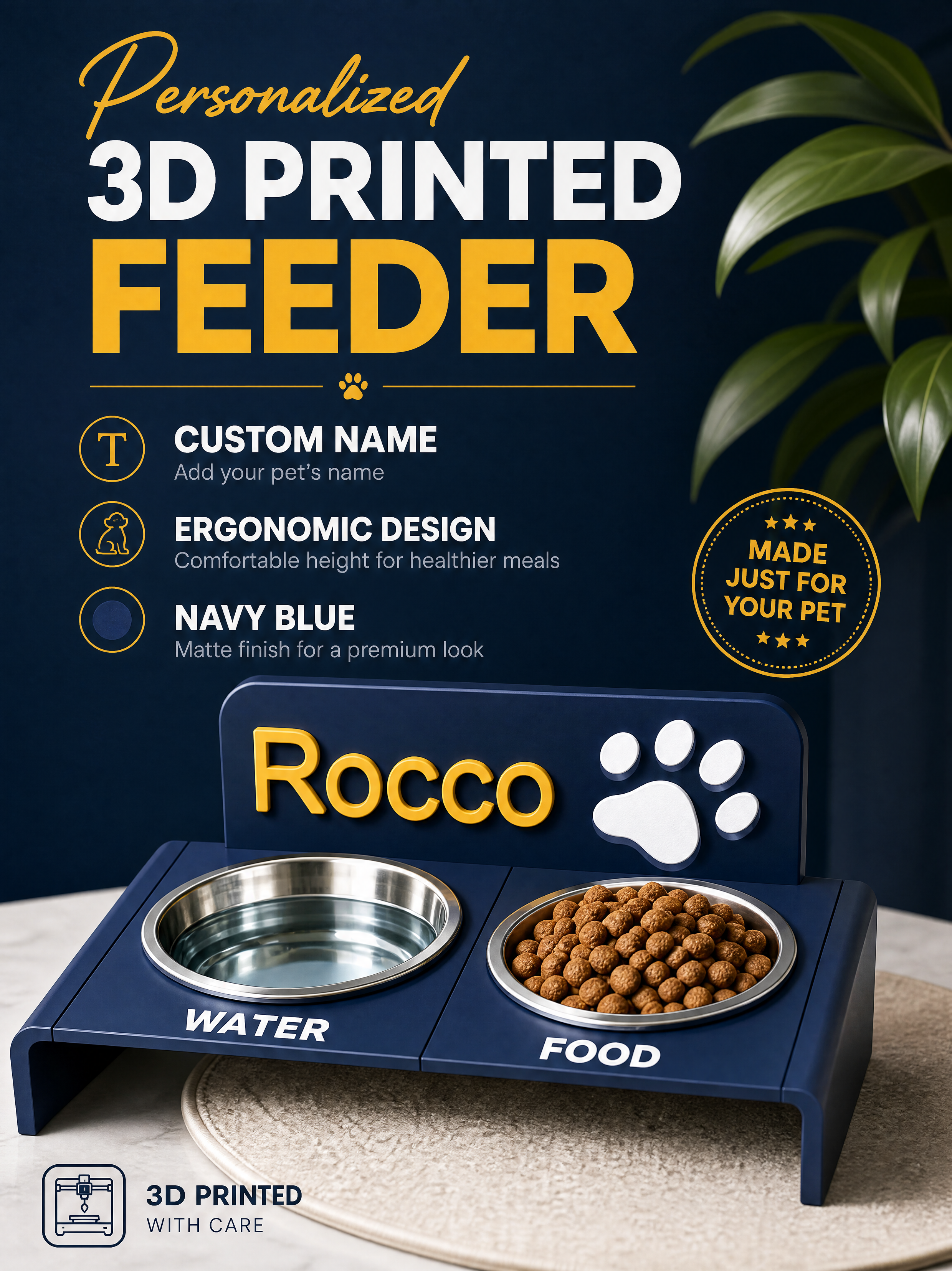 Navy Customized Name Dog Dining Station, 3D printed Pet Accessories Raised Feeding Stand Marked FOOD & WATER