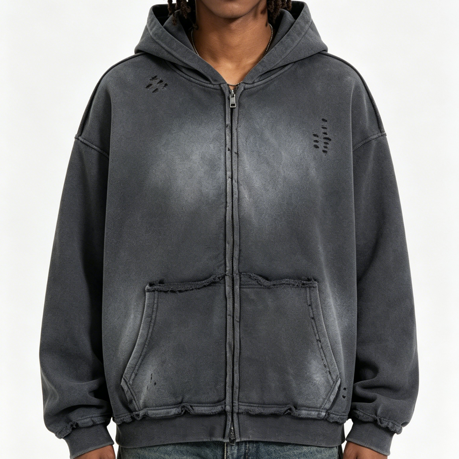 400g Stone Wash Hoodies Zip Up Fleece Lined Sweatshirt Custom Logo Oversized